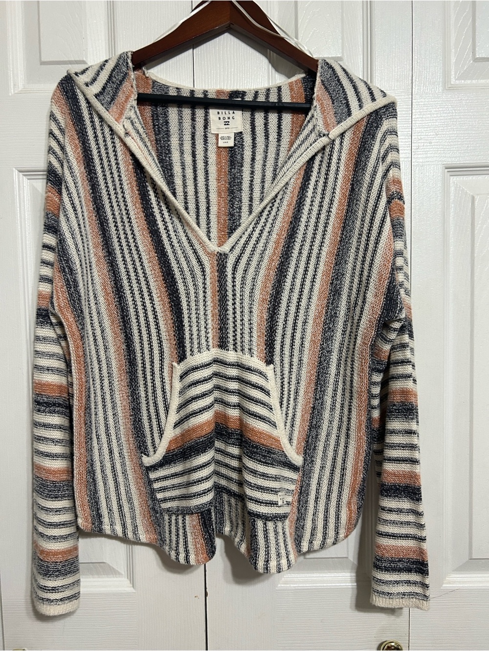Billabong Women's Striped V-Neck Hoodie - Cream, Tan & Black
